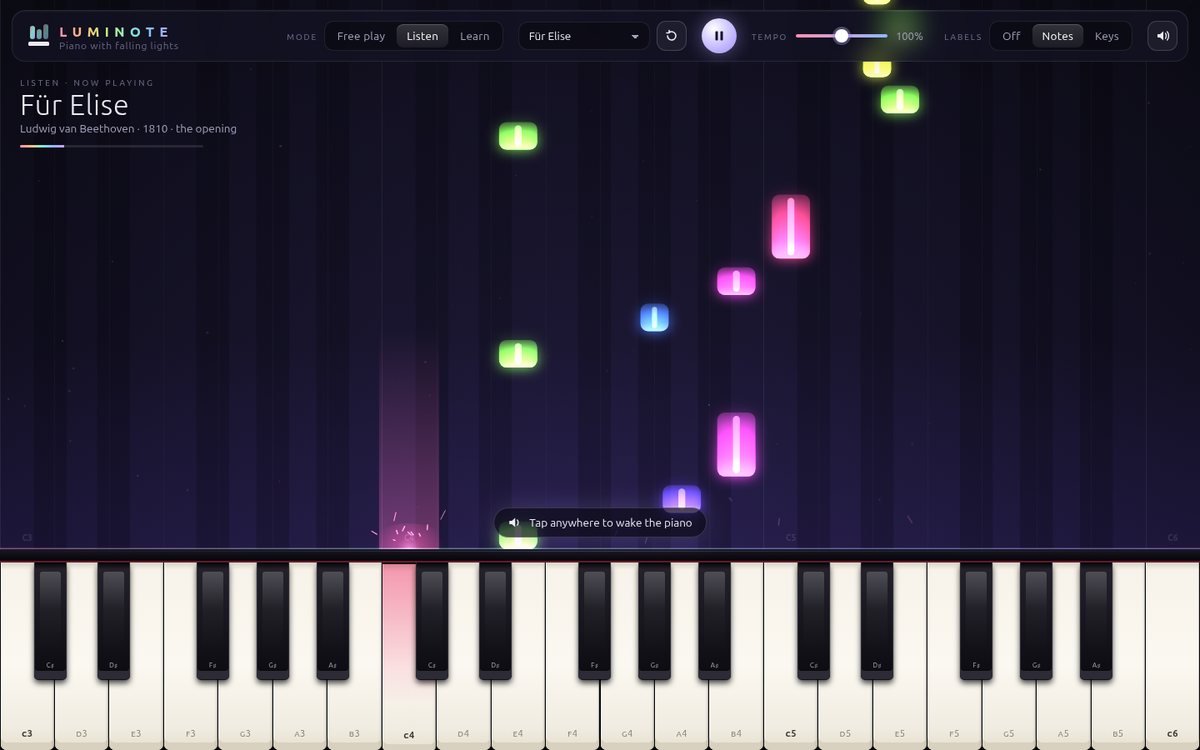 Preview of Luminote — Piano with Falling Lights